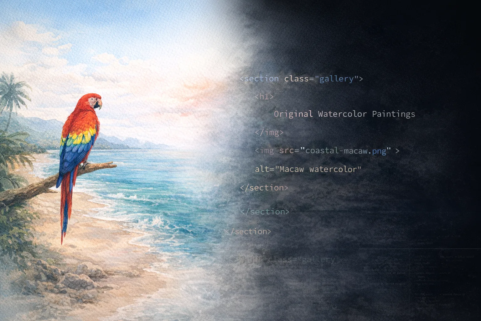 Blue Sands watercolor macaw artwork fading into HTML code for an artist website