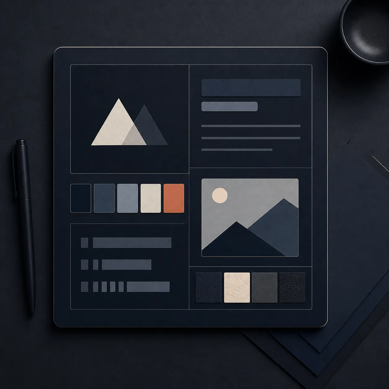 A clean brand standards board with layout, color, and imagery blocks